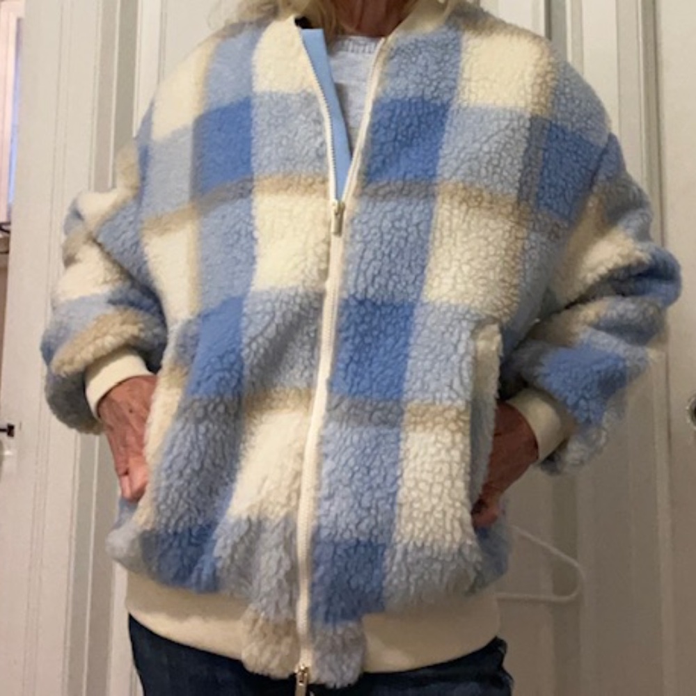 Plaid Bomber Jacket in blue and white plaid.